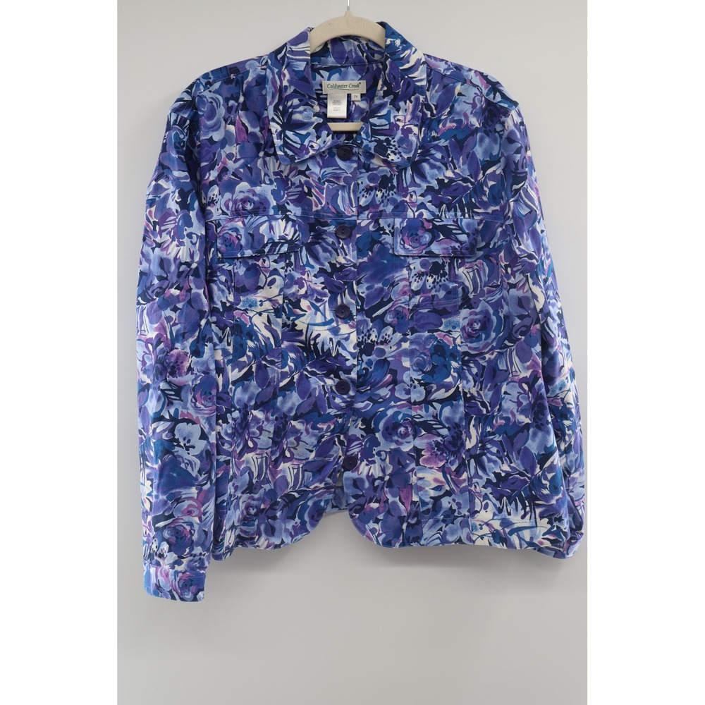 Coldwater Creek Blue Floral Cotton Jacket 2X Plus Size Artsy Jean Jacket